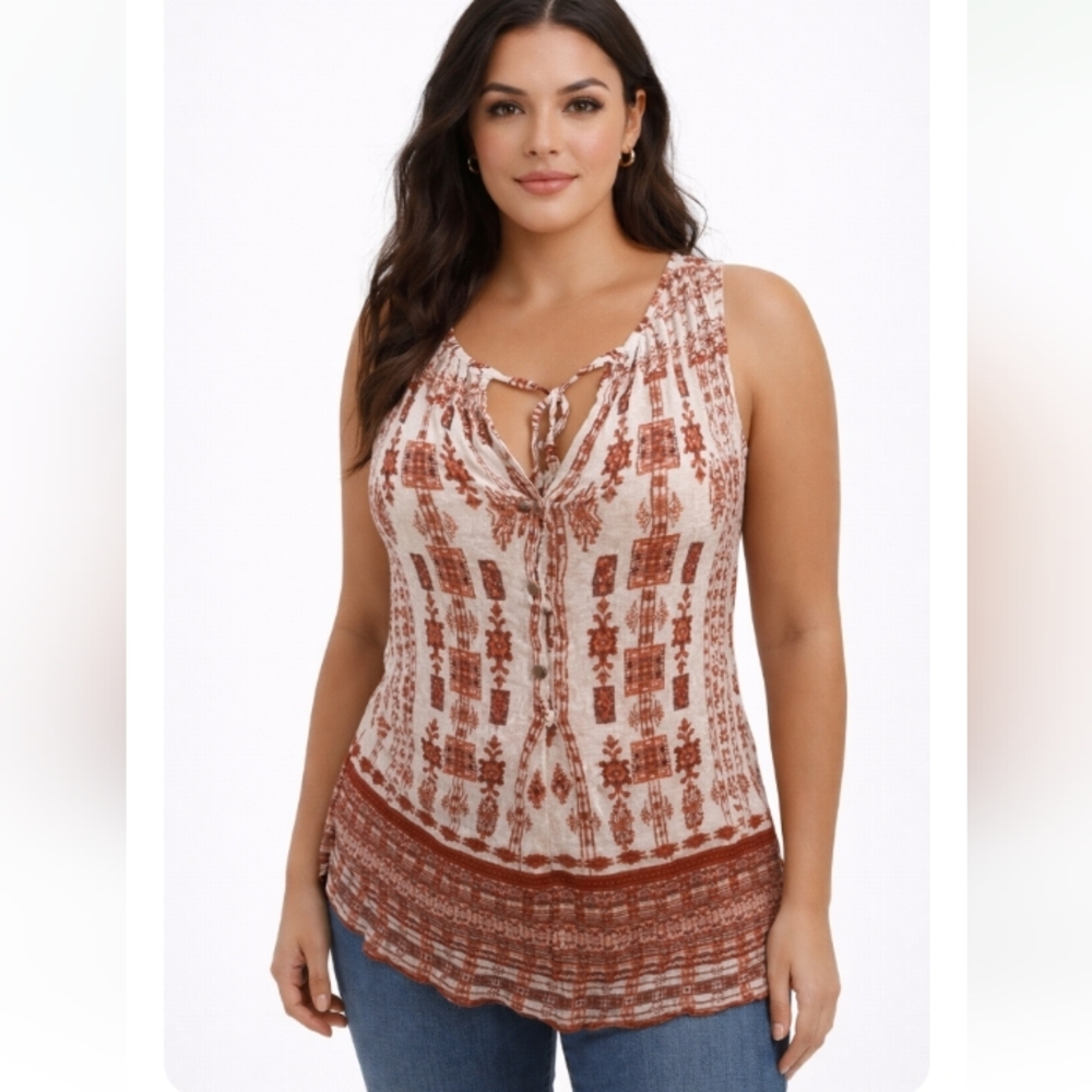 Lucky Brand Boho Cream & Brown Sleeveless Tie-Front Top – Size L